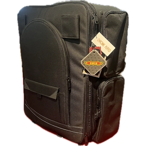 Motorcycle sissy bar bag shown without the detachable top roll bag, featuring multiple zippered compartments for travel storage.