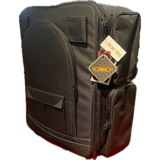 Motorcycle sissy bar bag shown without the detachable top roll bag, featuring multiple zippered compartments for travel storage.
