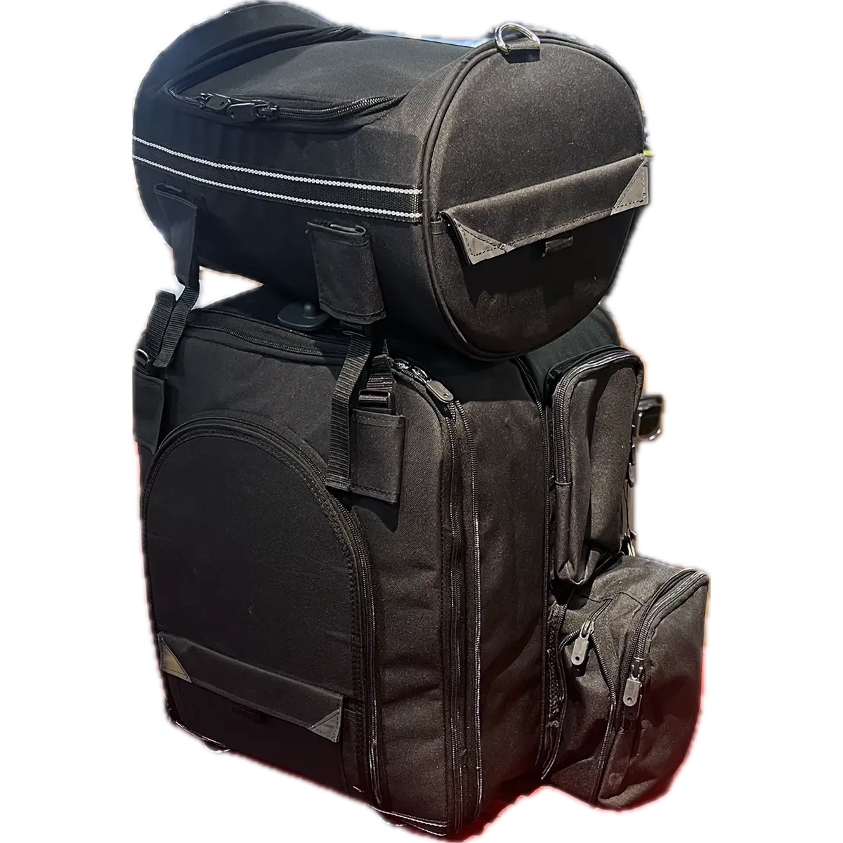 Motorcycle sissy bar bag with detachable top roll bag for flexible storage and long-distance travel.