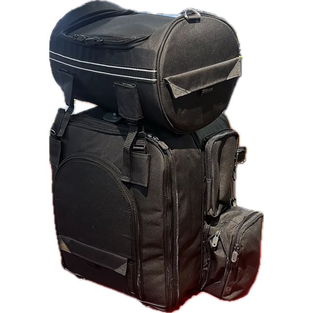 Motorcycle sissy bar bag with detachable top roll bag for flexible storage and long-distance travel.