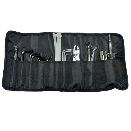 Motorcycle tool kit roll with assorted wrenches, hex keys, pliers, screwdrivers, and zip ties neatly organized in a black fabric pouch.