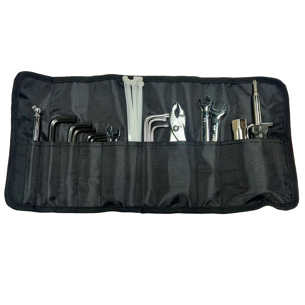 Motorcycle tool kit roll with assorted wrenches, hex keys, pliers, screwdrivers, and zip ties neatly organized in a black fabric pouch.