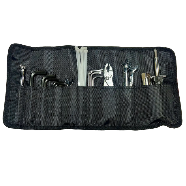Motorcycle tool kit roll with assorted wrenches, hex keys, pliers, screwdrivers, and zip ties neatly organized in a black fabric pouch.