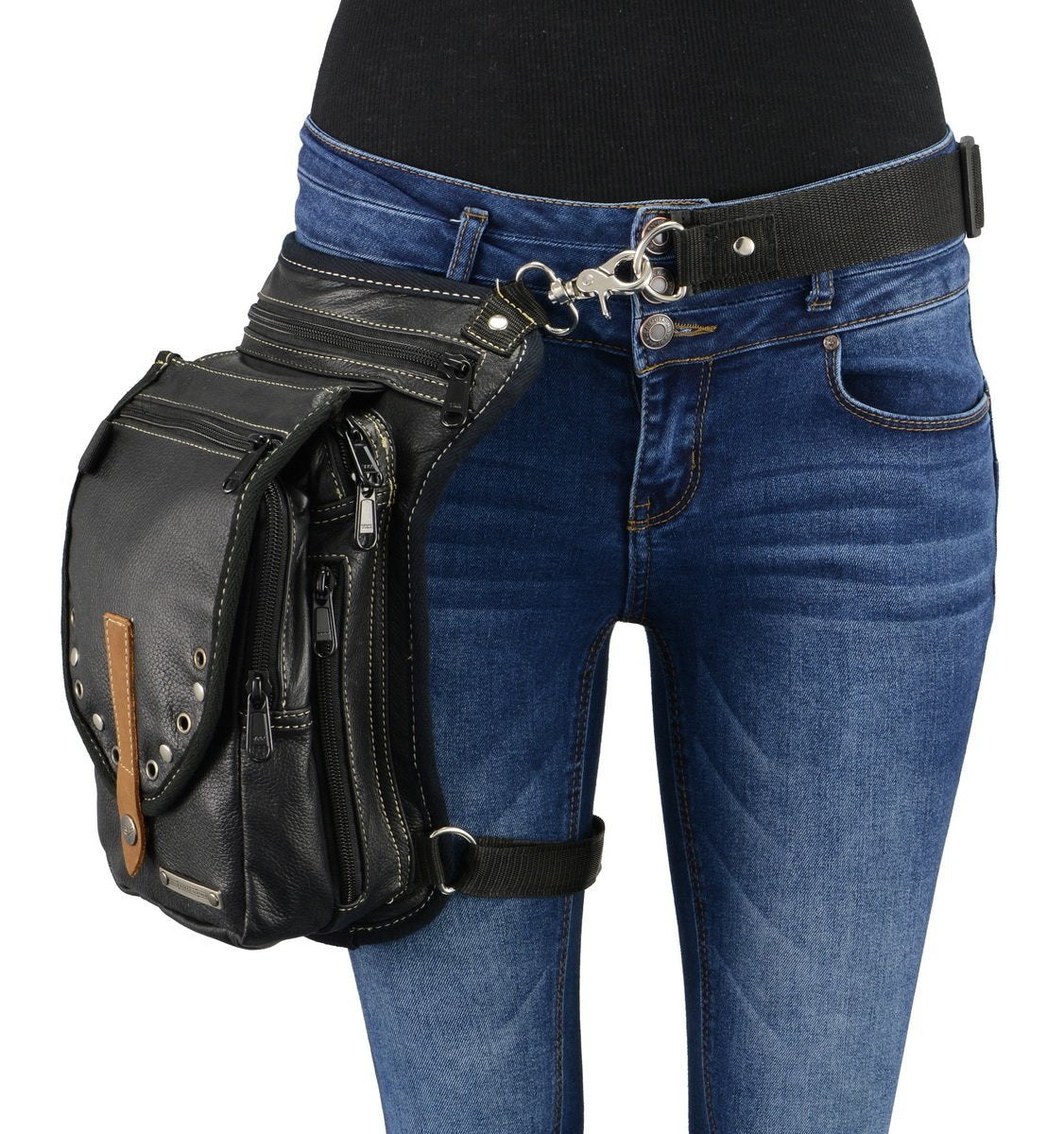 CC Thigh Bag W/Waist Belt Black and Brown 9.5 Inch x 6.5 Inch x 2: Milwaukee Leather MP8899 Black Conceal and Carry Leather T