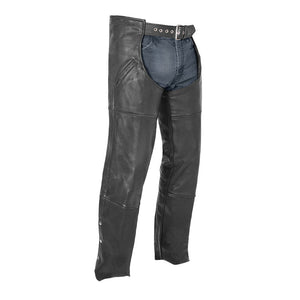 Nomad Drum Rolled Chaps in black, front view