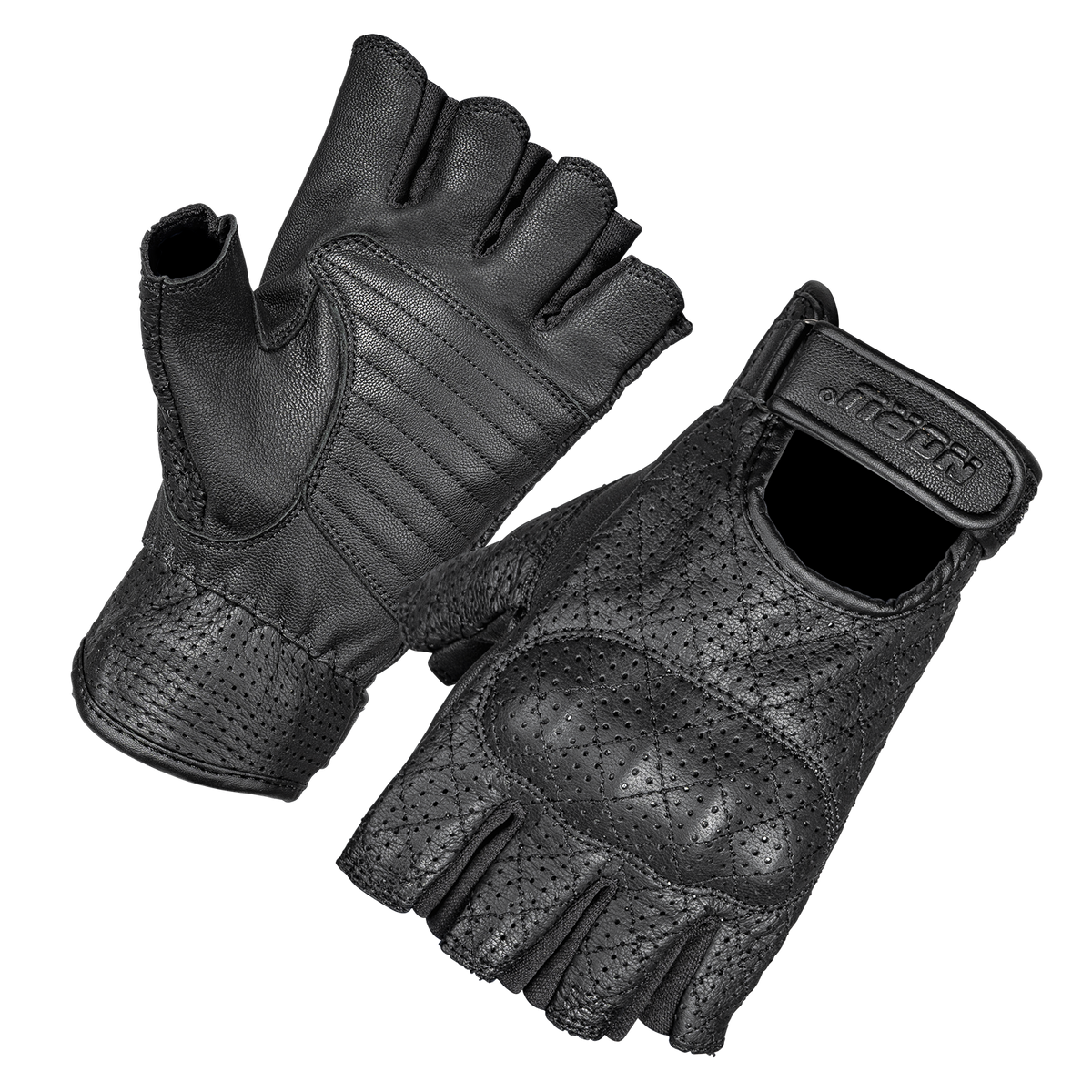 NORU Kote fingerless leather motorcycle gloves in Black, front view
