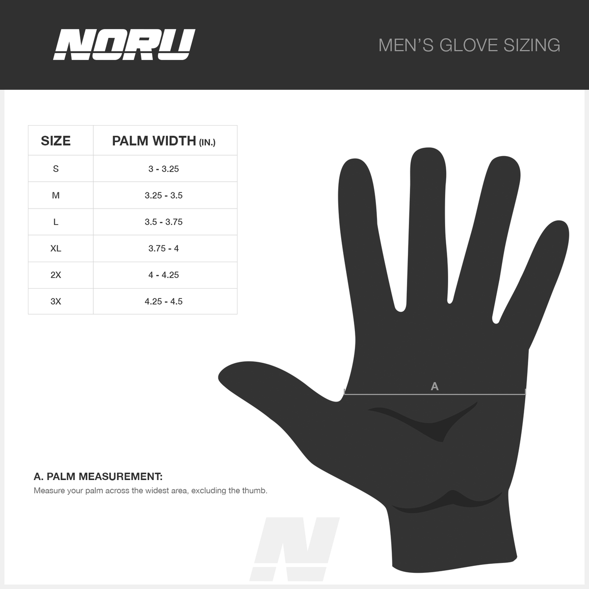 NORU men's glove size chart for Kote fingerless gloves