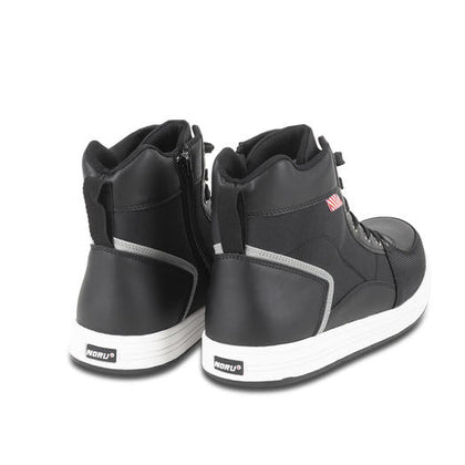 Pair of NORU Men’s Tori Boots in black showing the side zipper and heel