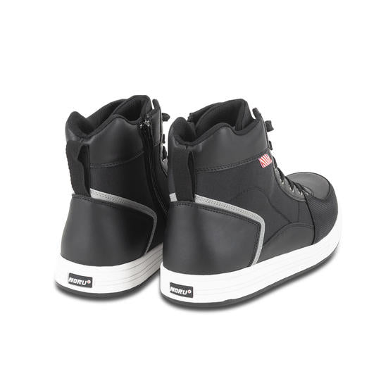 Pair of NORU Men’s Tori Boots in black showing the side zipper and heel