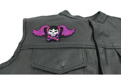 Pigtails Skull and Wings patch installed on a leather vest