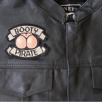 Booty Pirate patch installed on a leather vest