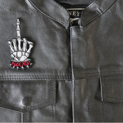 FU middle finger patch installed on a black leather vest