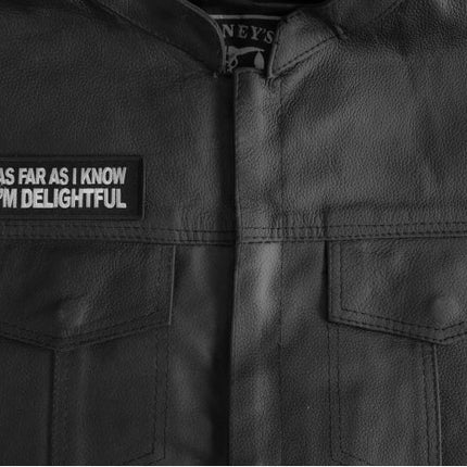 Delightful saying patch installed on a leather vest