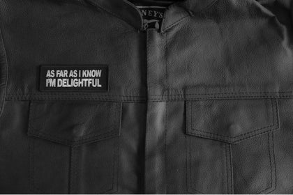 Delightful saying patch installed on a leather vest