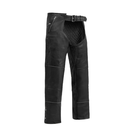 Patriot black leather motorcycle chaps, front view