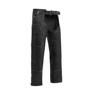 Patriot black leather motorcycle chaps, front view