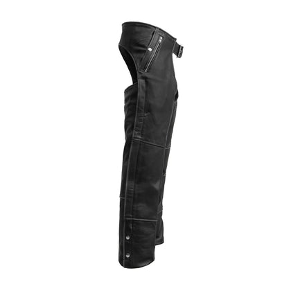 Patriot black leather motorcycle chaps, side view