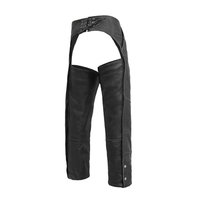 Patriot black leather motorcycle chaps, rear view