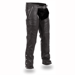 Patriot leather motorcycle chaps in black, angled front view