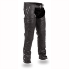 Patriot leather motorcycle chaps in black, angled front view