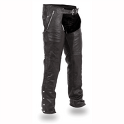Patriot leather motorcycle chaps in black, angled front view