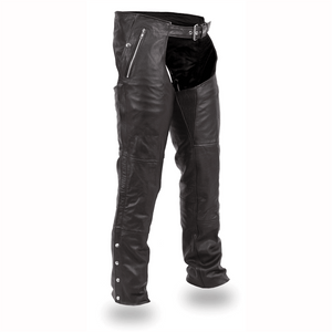 Patriot leather motorcycle chaps in black, angled front view