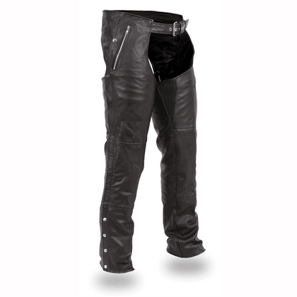 Patriot leather motorcycle chaps in black, angled front view