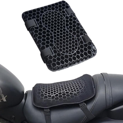 Black AirGel passenger seat cushion installed on a motorcycle
