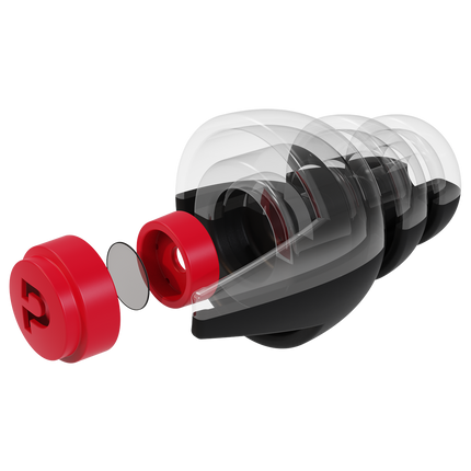 Pinlock Earplug Set with Case, black and red, exploded filter illustration