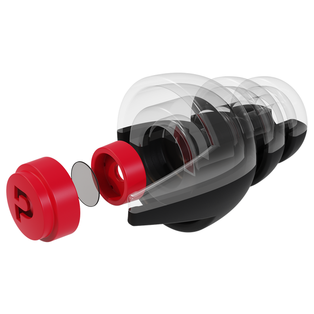 Pinlock Earplug Set with Case, black and red, exploded filter illustration