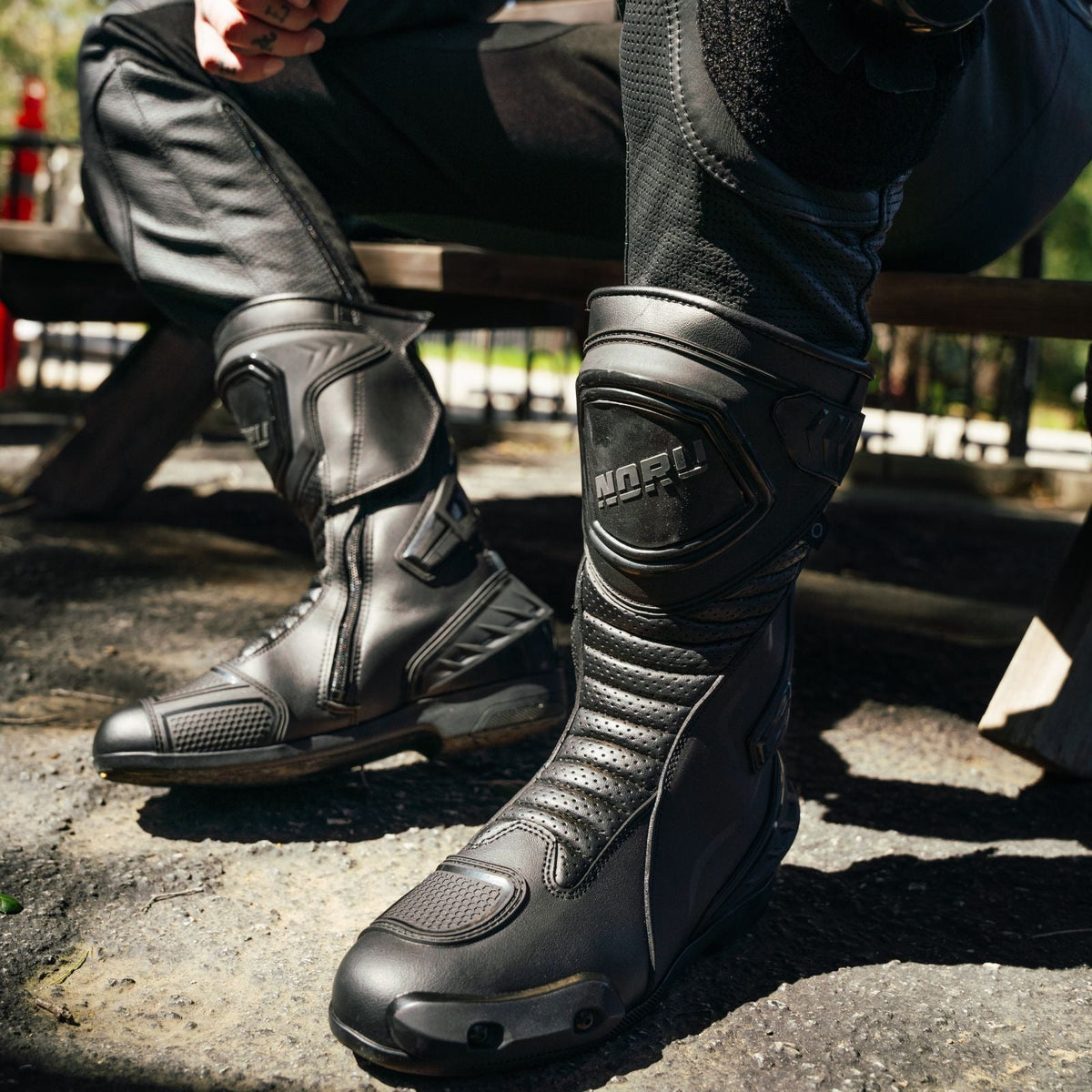 NORU Hakone motorcycle boots in black, rider wearing boots