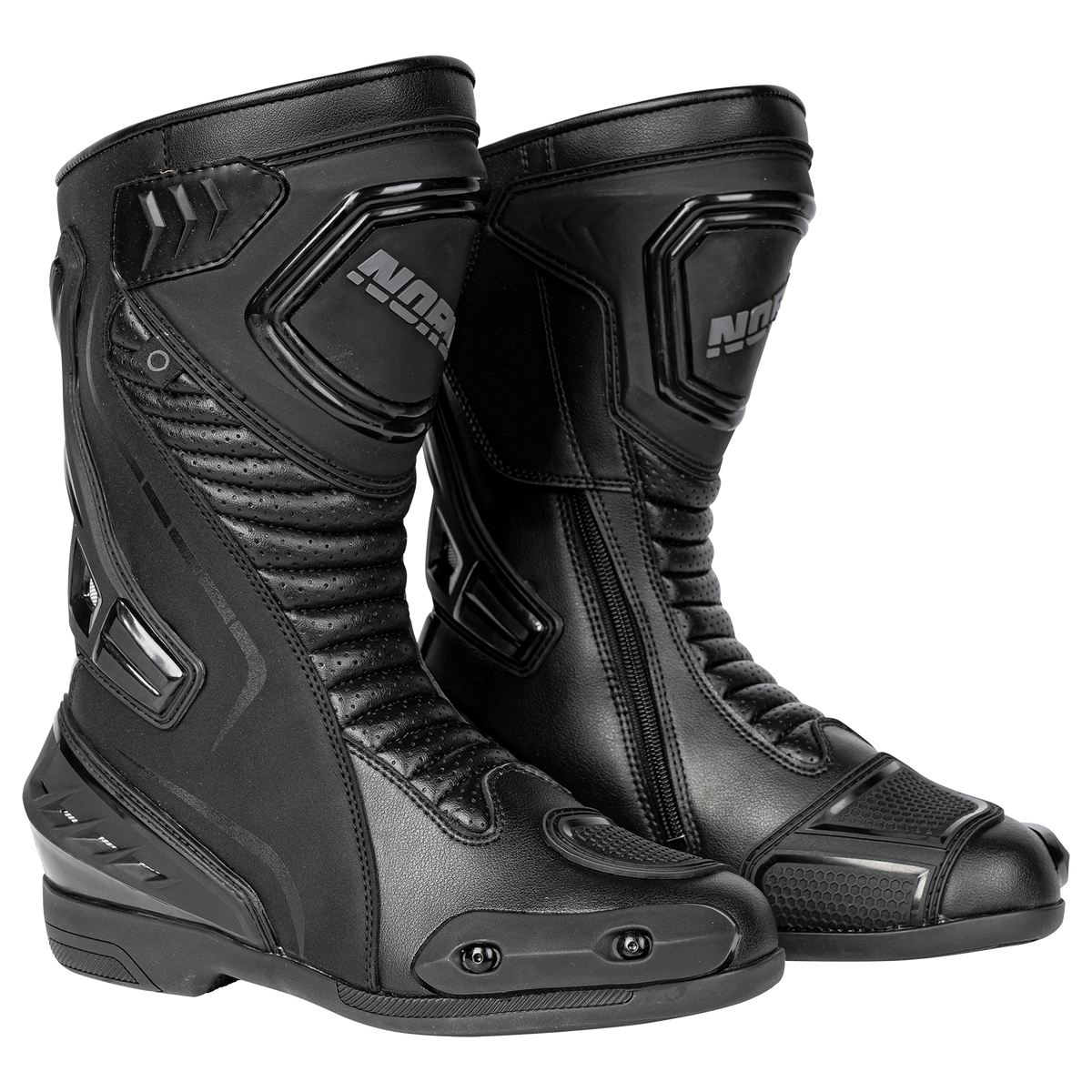 NORU Hakone motorcycle boots in black, front three-quarter view