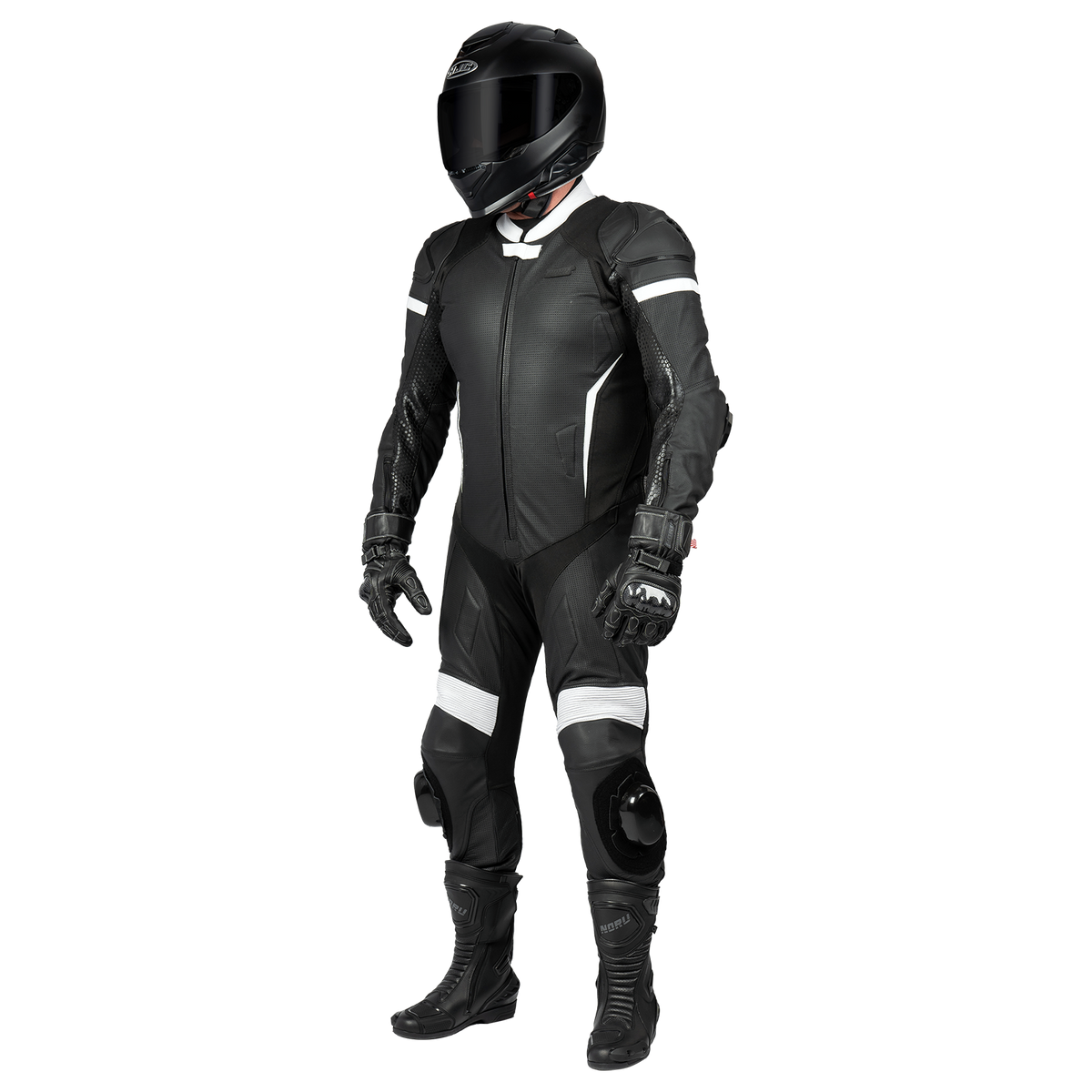 NORU Twenty-Eight one-piece race suit in black and white, front three-quarter view