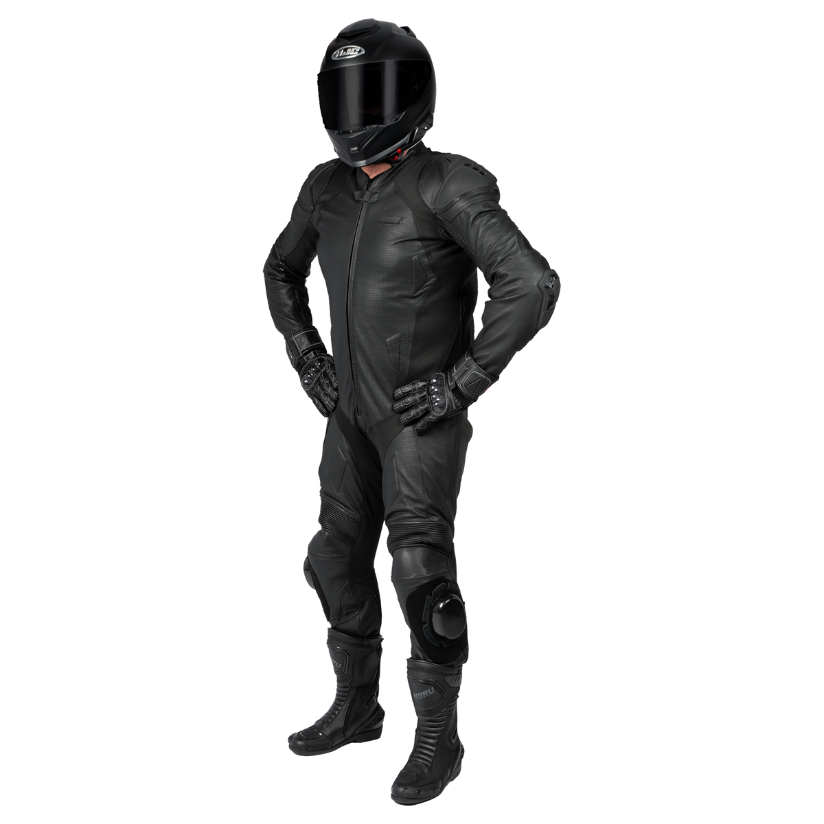 NORU Twenty-Eight one-piece race suit in black, front three-quarter view