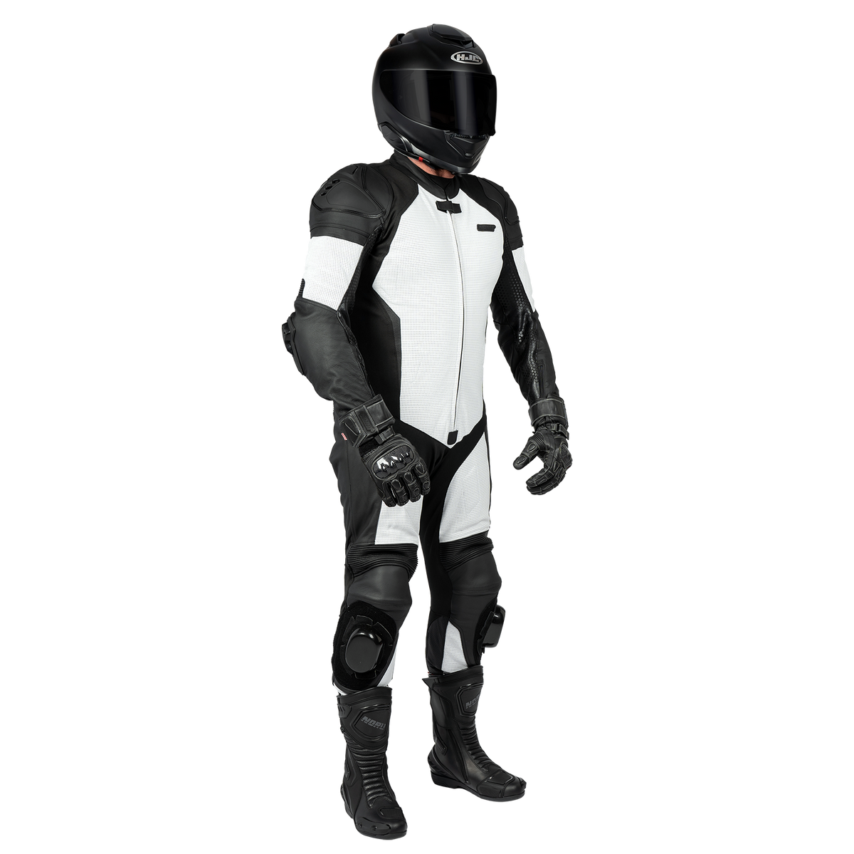 NORU Twenty-Eight one-piece race suit in white and black, front three-quarter view