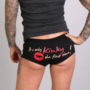 Ladies Biker Shorts Kinky: These comfortable boy shorts in the color black features a bright red kiss mark and the text "ITS 