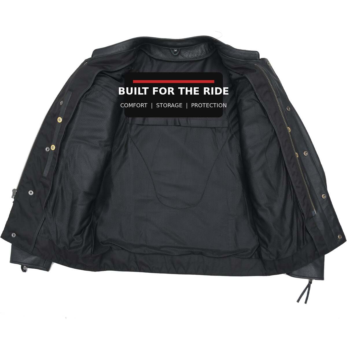 Raider jacket interior with Built for the Ride message