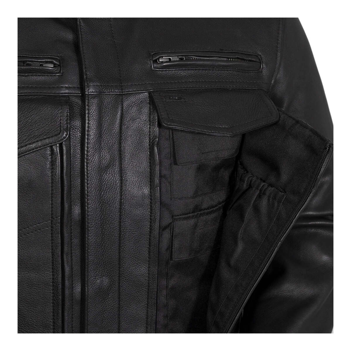 Raider black jacket chest and hidden utility pocket detail
