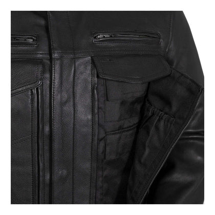 Raider black jacket chest and hidden utility pocket detail