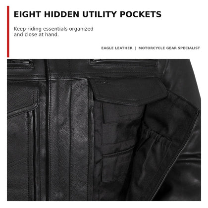 Raider jacket eight hidden utility pockets for organized storage