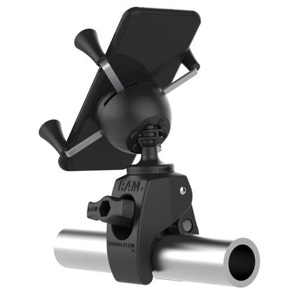 Small RAM X-Grip Holder with Tough-Claw in Black - rear view clamped to a round rail