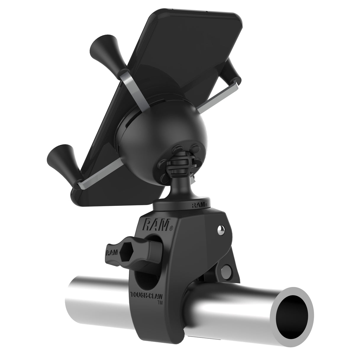 Small RAM X-Grip Holder with Tough-Claw in Black - rear view clamped to a round rail