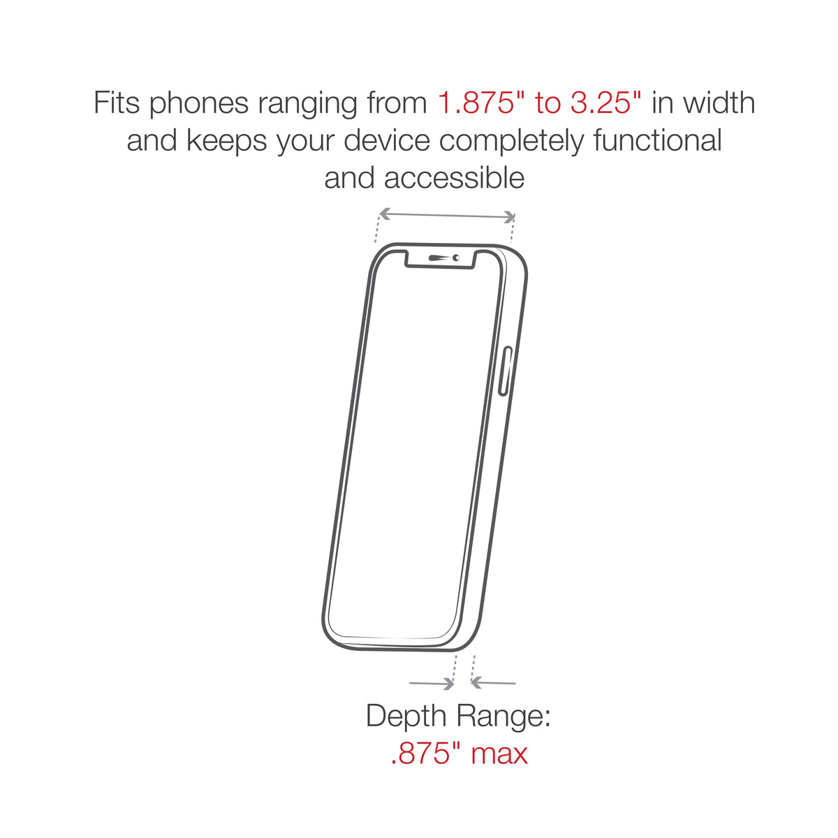 Small RAM X-Grip Holder with Tough-Claw in Black - phone width and depth fit diagram