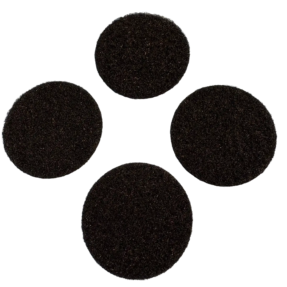 Set of four round black adhesive Velcro pads for securing motorcycle gear or accessories.