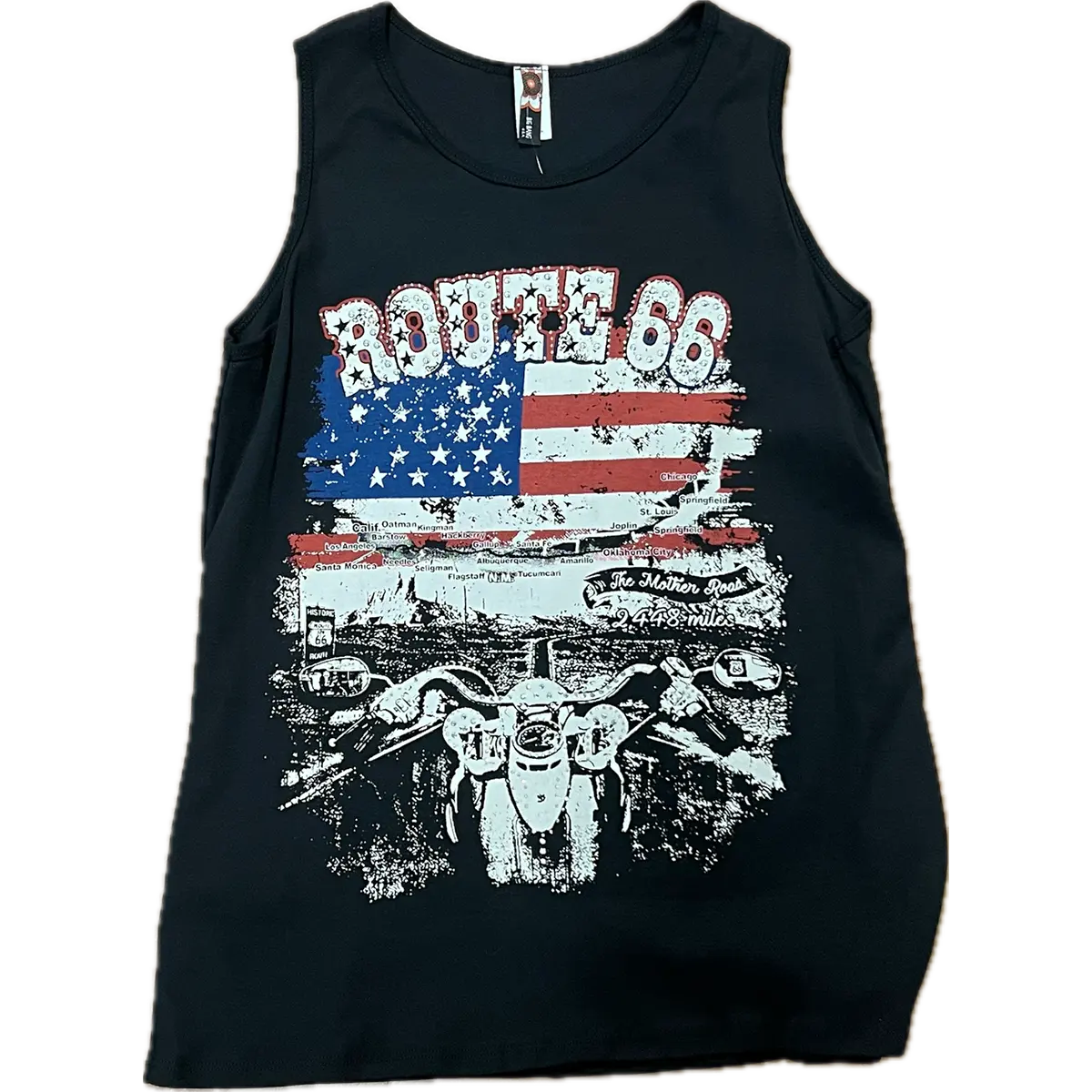 “Black Route 66 motorcycle tank top with distressed American flag graphic and biker design.