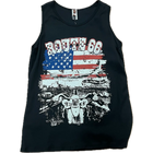 “Black Route 66 motorcycle tank top with distressed American flag graphic and biker design.