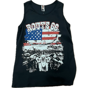 “Black Route 66 motorcycle tank top with distressed American flag graphic and biker design.