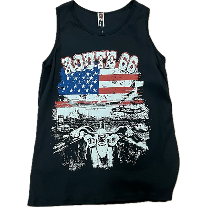 “Black Route 66 motorcycle tank top with distressed American flag graphic and biker design.