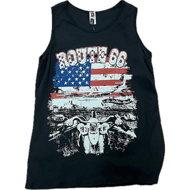 “Black Route 66 motorcycle tank top with distressed American flag graphic and biker design.