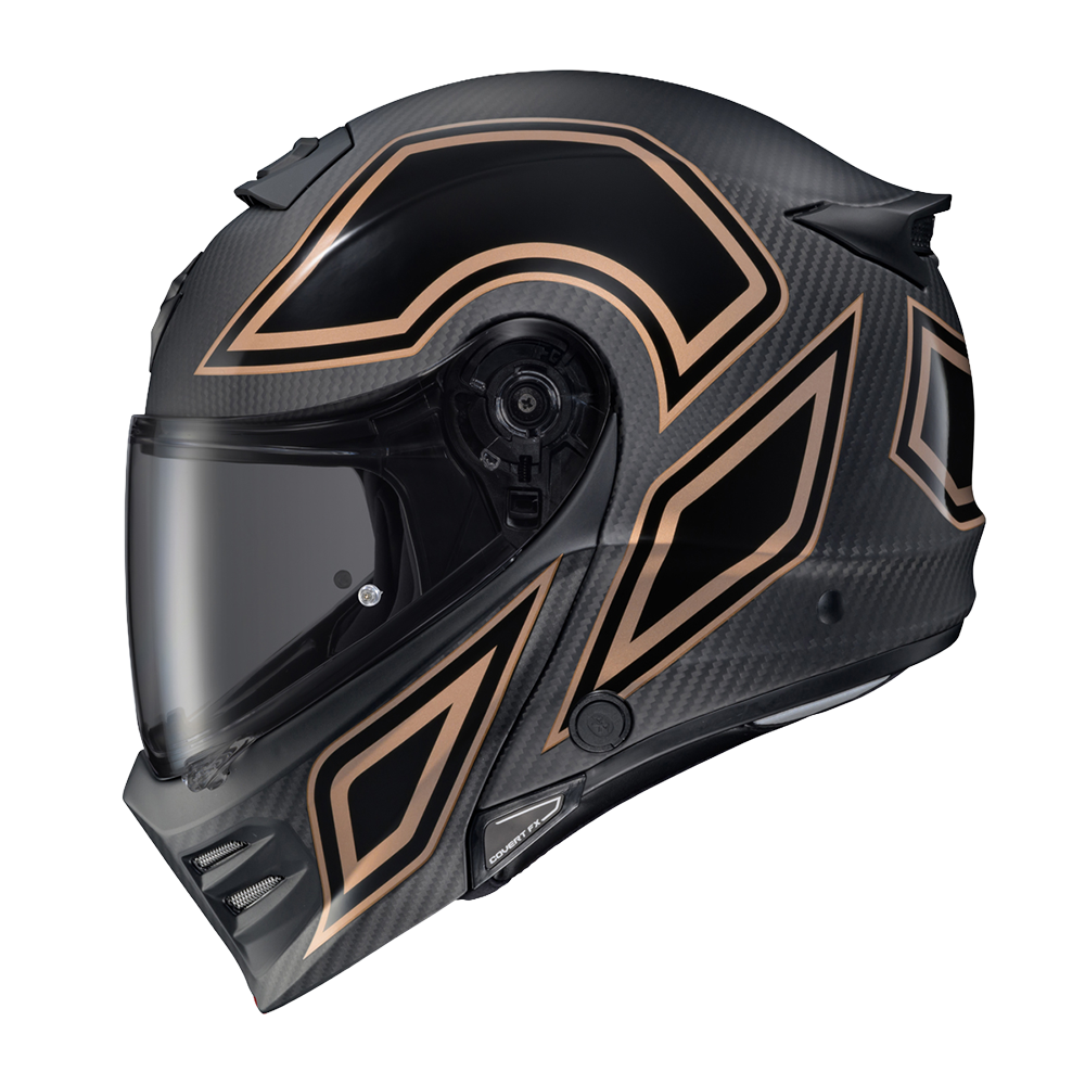 Scorpion Covert FX Mod Carbon Coast-2-Coast Gold helmet, left profile with dark smoke shield